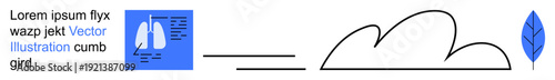 Sustainability, healthcare, environmental balance, nature conservation, clean air, climate change. Blue lungs, black cloud outline and a leaf. Sustainability and healthcare concept