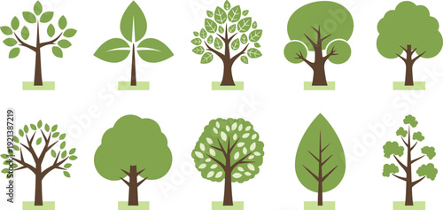 Simple Flat Tree Icons Vector Set with Green Nature Plant Symbols Eco Environment Forest Illustration Design