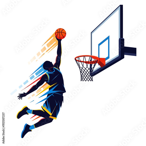 dynamic basketball player dunking ball in motion with colorful streaks Vector Illustration, Isolated