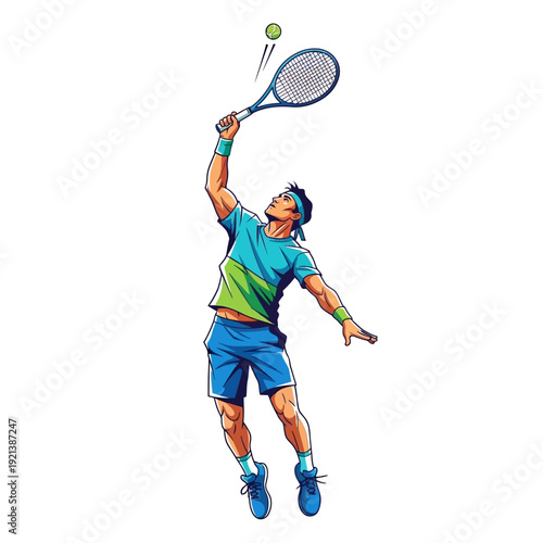 dynamic tennis player serving with intensity on court Vector Illustration, Isolated Graphic Design A