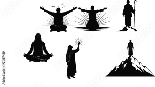 Black silhouettes of people in various spiritual and meditative poses meditation