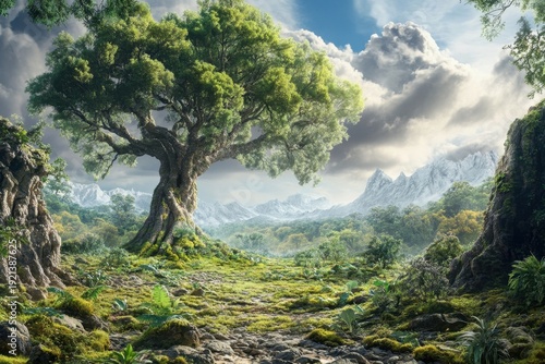 Majestic tree stands tall in a lush green valley surrounded by mountains and clouds