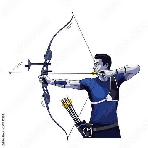 focused archer in action taking aim with bow and arrow Vector Illustration, Isolated Graphic Design