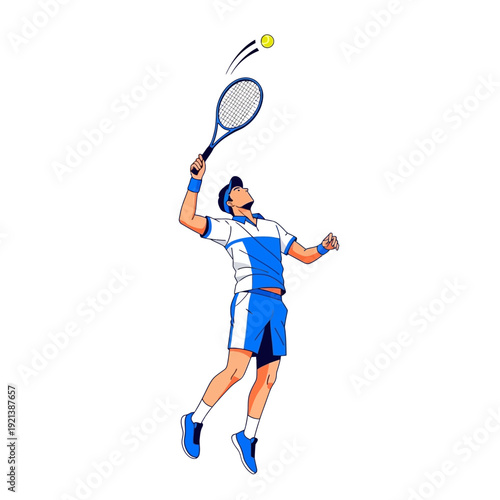 dynamic tennis player serving with blue racket and ball in air Vector Illustration, Isolated Graphic