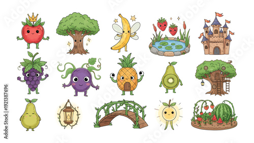 Whimsical Garden Illustration: A delightful illustration showcases a charming garden filled with anthropomorphic fruits, plants, and fantastical elements.