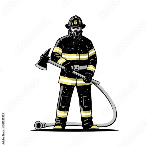 Firefighter with axe and hose, professional rescuer in uniform, vector illustration