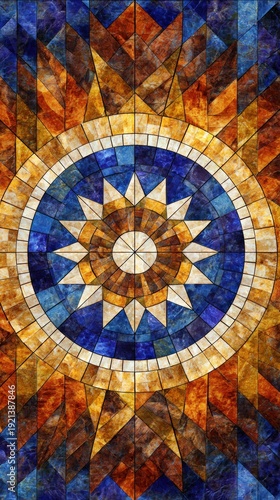 A vibrant mosaic design featuring intricate patterns in warm golden and cool blue tones, suitable for decor, architectural projects, or artistic inspiration