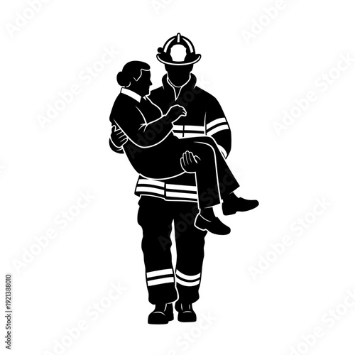 Firefighter carrying woman in silhouette