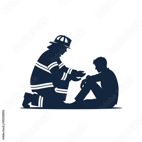 Firefighter comforting person, silhouette, help and support concept