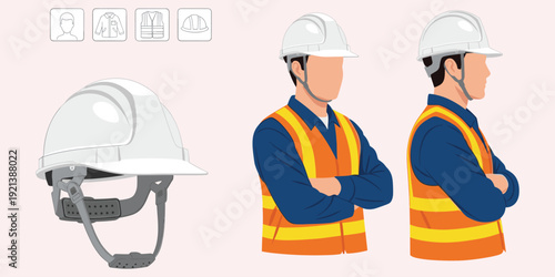 Construction worker in hard hat and safety vest shown from front and side views person