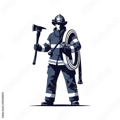 Firefighter holding axe and hose, ready for action
