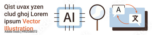 Artificial intelligence, language translation, technology concepts, machine learning, communication tools, and multilingual interaction. Circuit board with AI text, magnifying glass, and translation