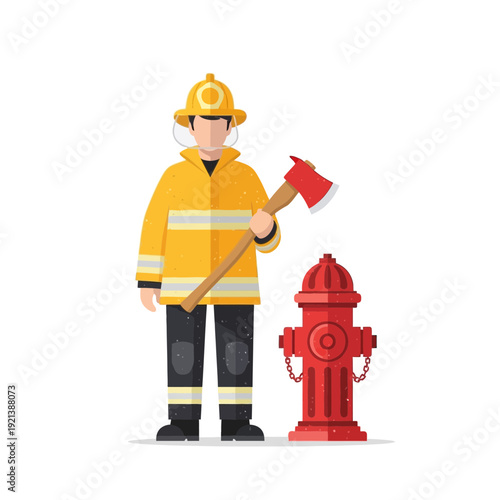 Firefighter holding axe next to red hydrant