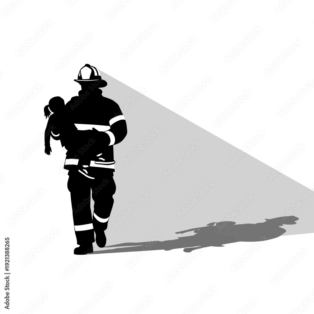Fototapeta premium Firefighter Silhouette Carrying Child, Rescue Concept