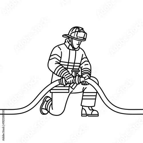 Firefighter kneeling with hose, line art illustration