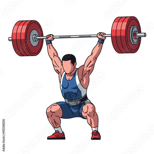 strong weightlifter lifting heavy barbell overhead in powerful stance Vector Illustration, Isolated