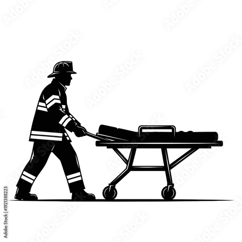 Firefighter pushing a stretcher with a patient