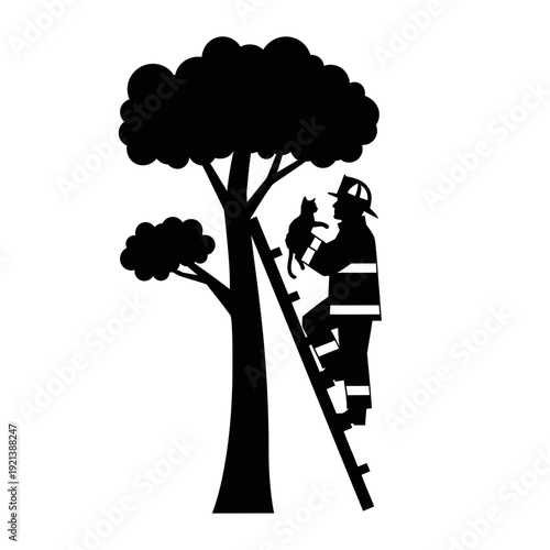 Firefighter rescuing cat from tree silhouette