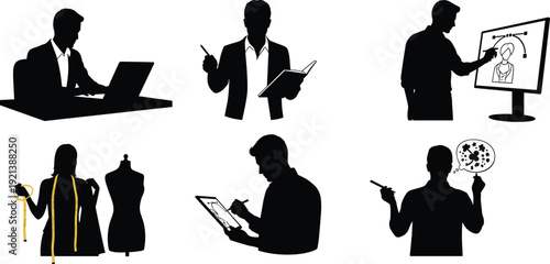 Black silhouettes of people working on laptop tablet and computer with fashion