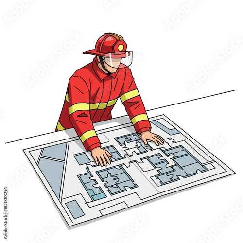 Firefighter reviews building plans, safety preparation, emergency response