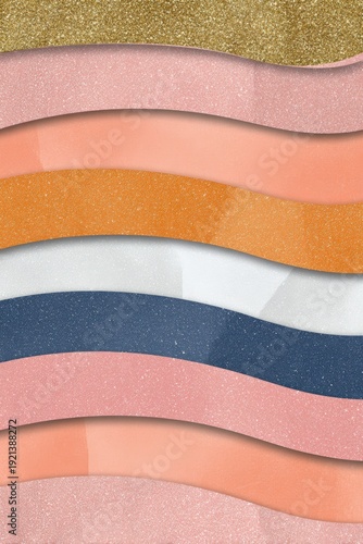 Colorful wavy layers of textured materials in various shades, including gold, pink, navy, and orange, create a visually appealing background, Ideal for branding, presentations, or creative projects,