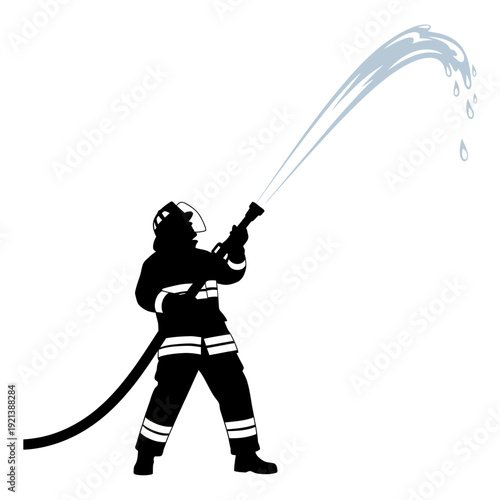Firefighter silhouette spraying water from hose