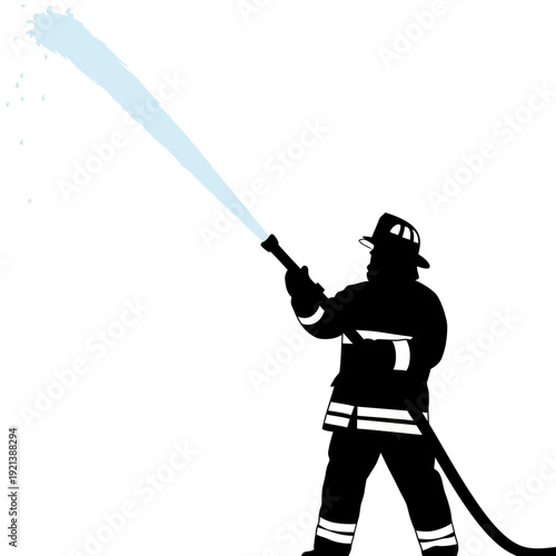 Firefighter silhouette spraying water from hose
