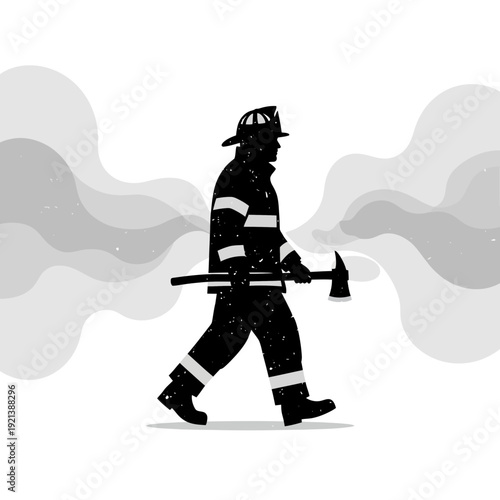 Firefighter Silhouette With Axe Walking Through Smoke