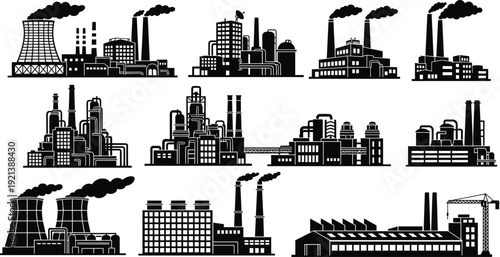 Diverse black silhouette industrial factory and power plant icons cooling tower