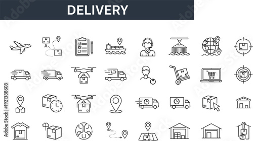 Delivery and Logistics Icons Set with Airplane Truck Drone and Globe shipping transport