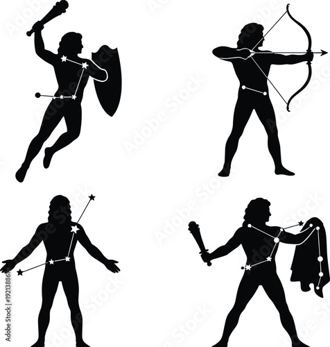 Black silhouettes of four zodiac signs with constellations white background