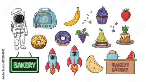 Galactic Bakery: A whimsical illustration showcases a charming bakery concept with an astronaut chef alongside an array of delicious treats.