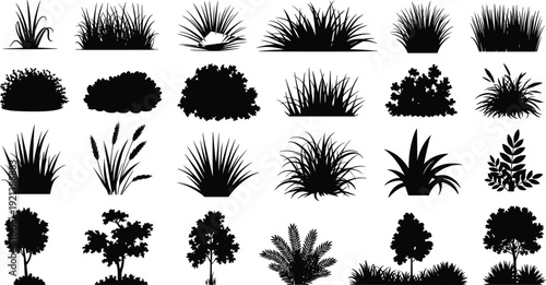 Big collection of grass, shrubs and tree silhouettes, decorative garden botanical plants bundle isolated for landscape projects, flat vector illustration