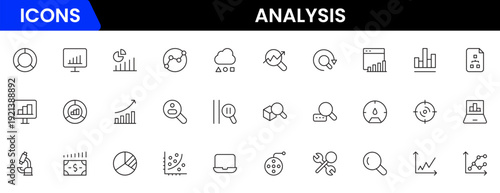 Analysis icons depicting data evaluation, charts, graphs, statistics, insights, trends, reports, metrics, research, assessment, monitoring, performance, strategy, decision-making, and review.
