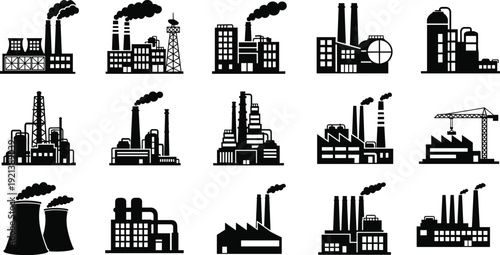 Diverse industrial factory icons with smoke and machinery building silhouette