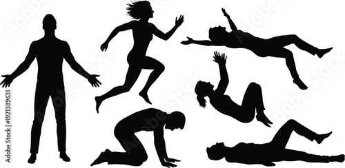 Black silhouettes of people in various poses on white background jumping kneeling