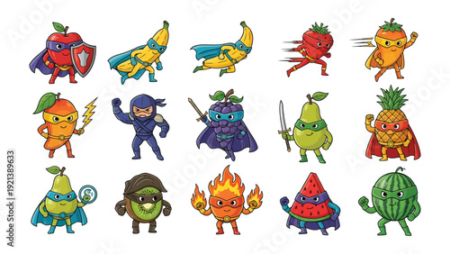 Fruit Superheroes Assemble: A vibrant ensemble of anthropomorphic fruits dons superhero attire, ready to save the day with their unique abilities and colorful costumes.