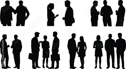 Business people silhouettes set professional men and women talking meeting discussion isolated on white background corporate flat vector illustration collection