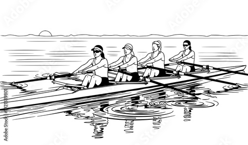 Stylized black-and-white rowing team vector illustration showing four athletes and water ripples at sunrise