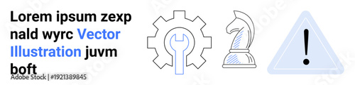 Business strategy, decision-making, troubleshooting, engineering, risk assessment, strategic planning. Gear with wrench, chess knight and warning sign. Strategy and risk assessment concept