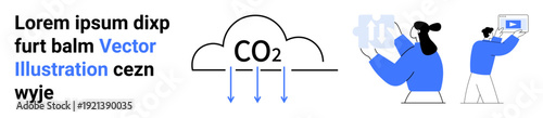 CO2 cloud with downward arrows beside two people analyzing data. Ideal for environment, climate change, emissions, sustainability, education, technology, simple landing page