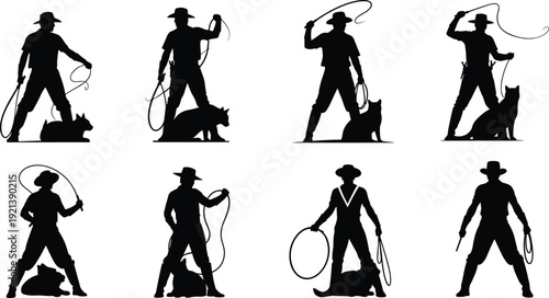 Black silhouettes of cowboys with dogs and lassos