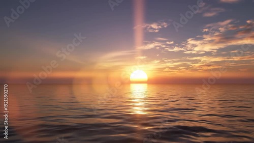 Beautiful sunset illuminating the horizon over tranquil ocean waters, with colorful clouds and reflections creating a peaceful coastal scene