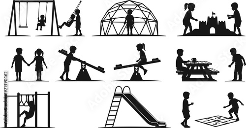 Children playground silhouettes set kids playing on swings slide seesaw and sandbox isolated on white background flat vector illustration