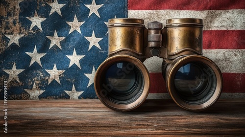 vintage brass binoculars on a wooden table in front of a weathered american flag, a nostalgic patriotic still life conveying vigilance and reflective sentiment