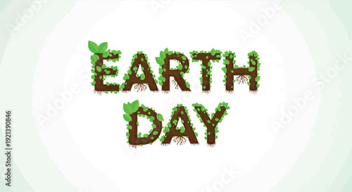 Earth Day eco-friendly typography design with green leaves and brown letters on a light green background, symbolizing environmental awareness.