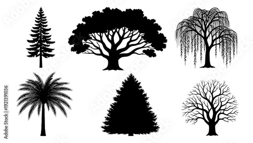 Collection of various tree silhouettes.
