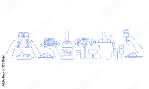 Wine and food celebration outline with bottles glasses and plates vector illustration, easily editable.