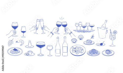 Restaurant wine dinner line art with glasses bottles and plates vector illustration, easily editable.