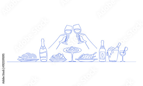 Wine party outline illustration with glasses bottles and serving food isolated vector illustration, easily editable.